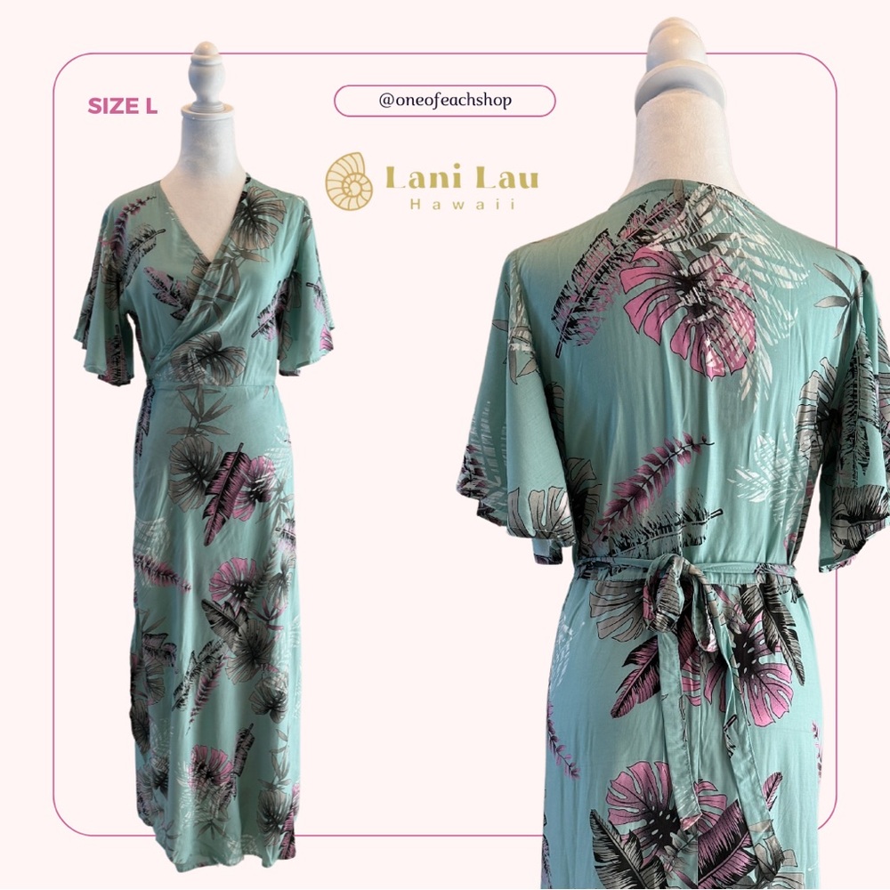 Lani Lau Hawaii wrap dress in tropical design teal/pink size L NWT